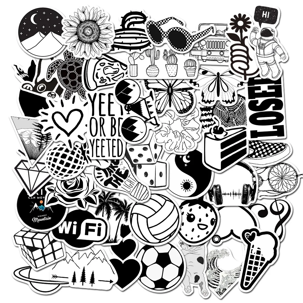 

50Pcs Black and White Girls Kawaii Stickers Cartoon for Styling Motorcycle Phone Laptop Travel Luggage Waterproof Funny Stickers