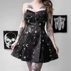 Повседневное облегающее черное платье в стиле готика, панк, Винтаж, с принтом луны и звезд, сексуальная уличная одежда для женщин