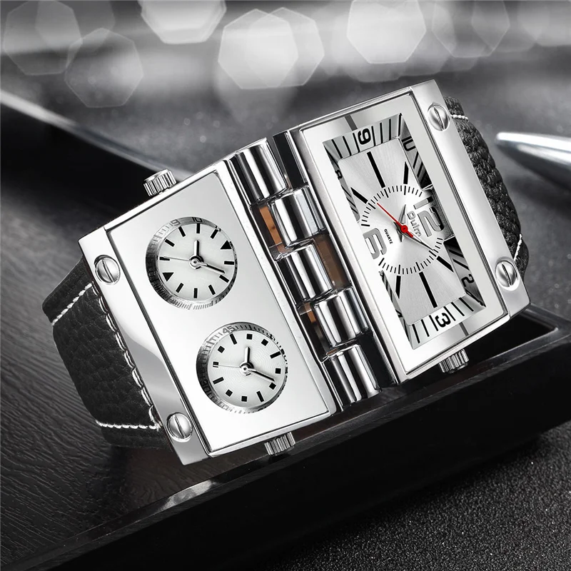 

OULM HP9525 Large Dial Male Quartz Watch Three Time Zone Unique Design Men's Sport Watches Punk Style Leather Strap Wristwatch