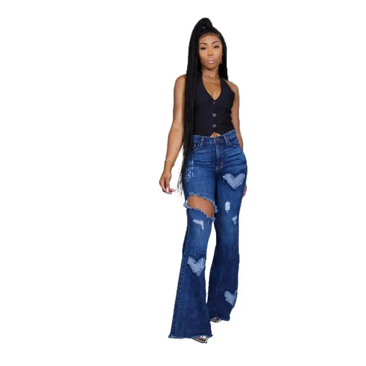 

Dark Blue Women Jeans Washed Ripped Holes Sexy Lady Flare Jeans Full Length New Sexy Denim Fashion Pants 2021 Hot Sale