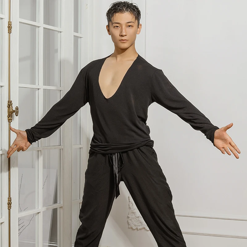 Мужские костюмы для латинских танцев черные хлопковые рубашки с v образным