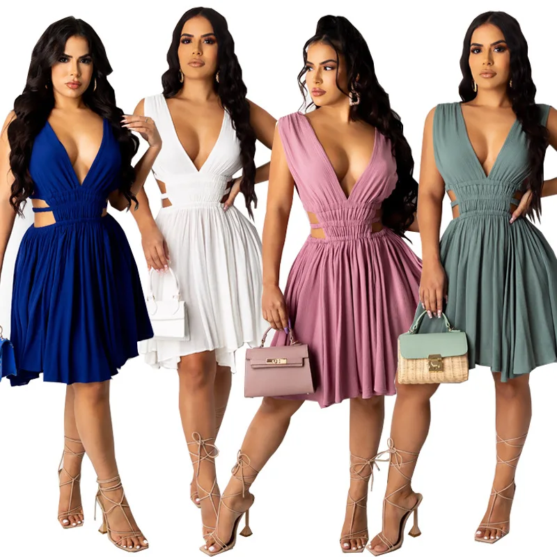 

Echoine Summer Sleeveless V-neck Solid Pink Blue Chiffon Mini Dress Sexy Hollow Out Beach Dresses Pleated Party Robe Vintage
