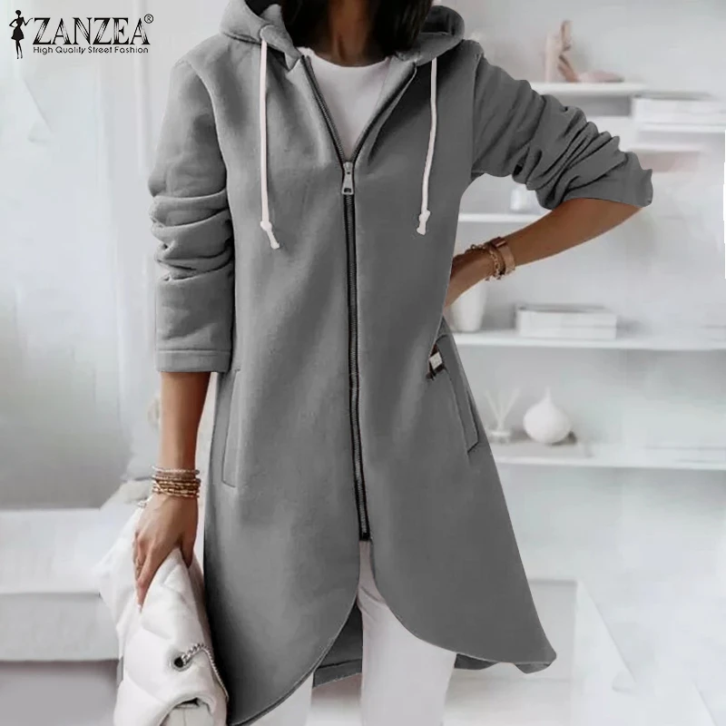 

ZANZEA 2022 Autumn Sweatshirts Coats Leisure Zipper Long Hooded Solid Sweatshirt Poncho Fashion Women Hoodies Long Sleeve Jacket