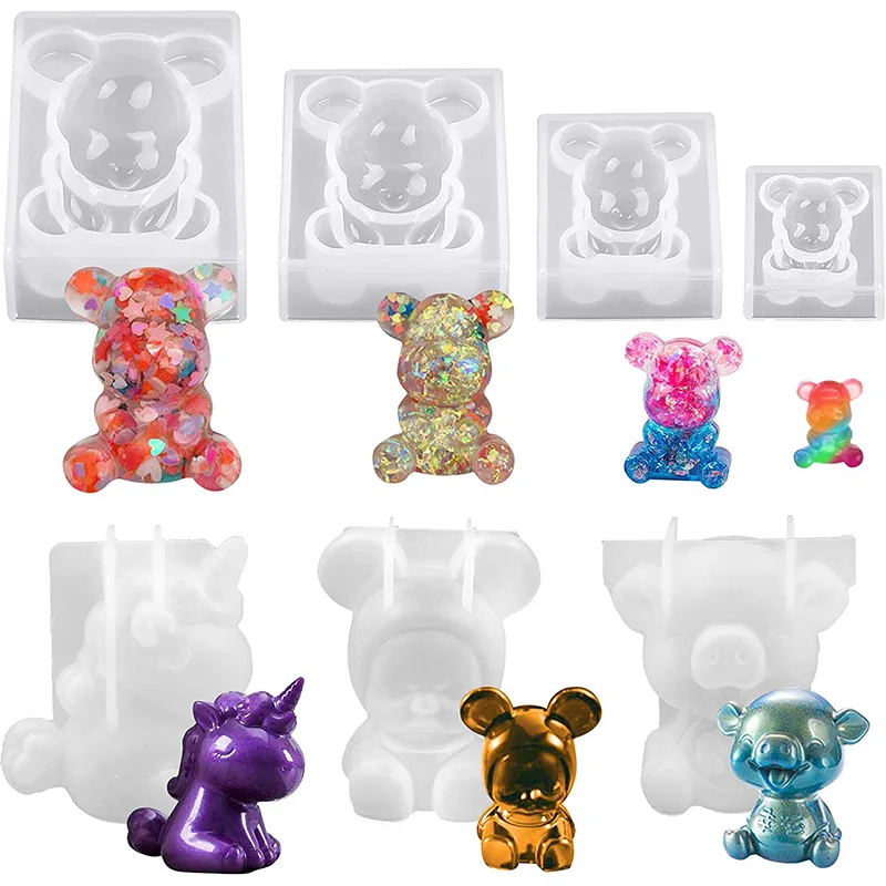 

New Diy Epoxy Resin Sitting Bear Unicorn Silicone Mold Three-dimensional Animal Seven-piece Creative Handmade Jewelry Model