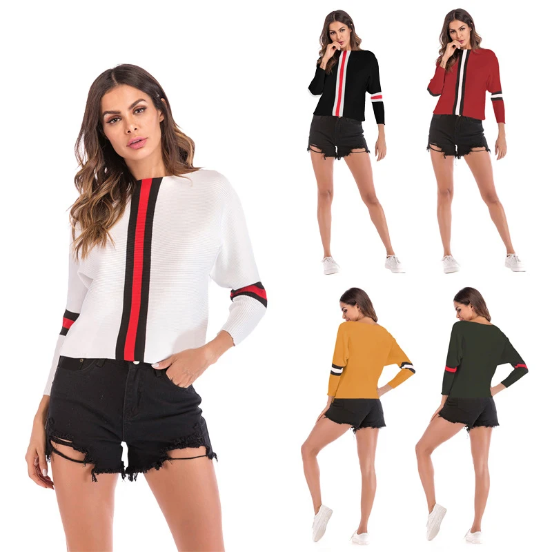 Autunm Pullovers Sweater Women Casual O-Neck Striped Knitted Loose Long Batwing Sleeve Black Printed Tops Ladies | Женская одежда