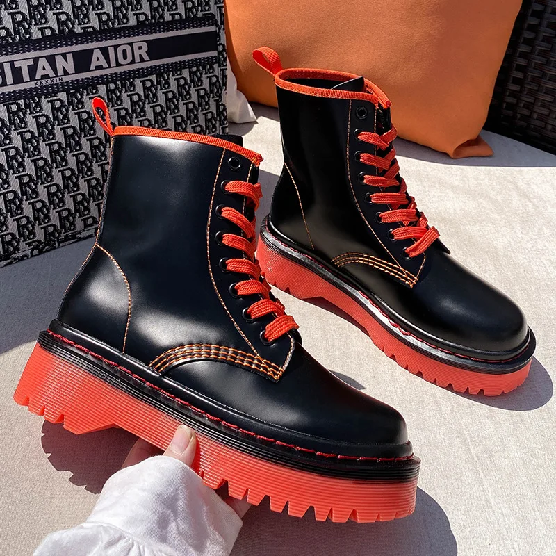 

2020 New Winter Plus Velvet Motorcycle Boots Fashion Trendy Jelly Bottom Female Shoes Thick Soled Non-slip Lace-up Martin Boots