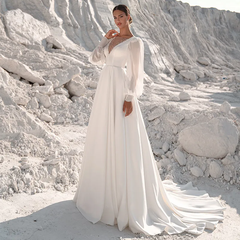 

KapokDressy Simple Long Sleeves Wedding Dress 2021 A Line V-Neck Backless Vintage Soft Satin Bridal Gown Open Back Sweep Train