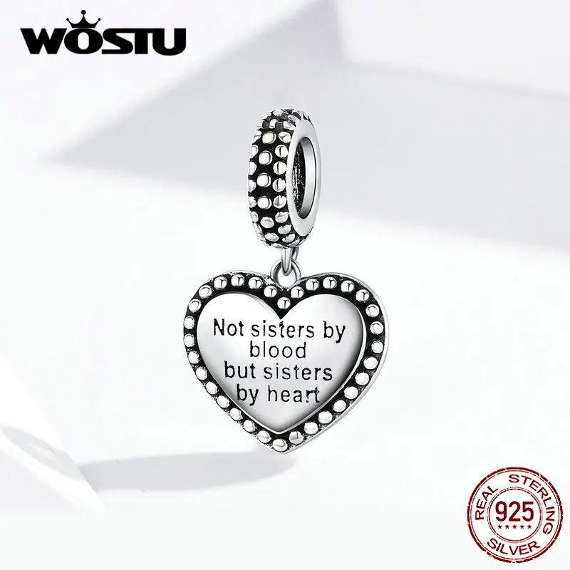 WOSTU, 925 пробы, серебро, Сестринское сердце, талисманы, подходят к оригинальному браслету, кулон, бусины для сестры, Famlly, ювелирное изделие, подарок, BKC1396