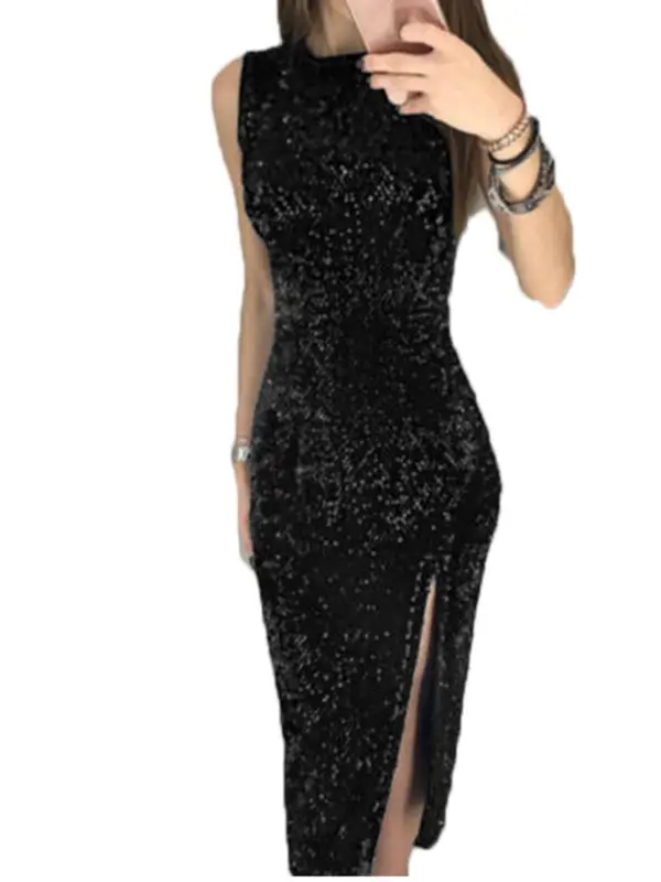 

Women Sequin Crew Neck Sleeveless Ladies Bodycon Evening Cocktail Party Dress