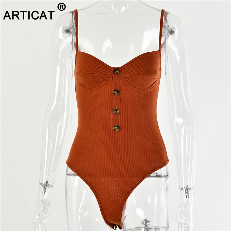 Articat Knitted Spaghetti Strap Sexy Bodysuit Women Tops Backless Buttons Bodycon Rompers Women Jumpsuit Basic Party Overalls