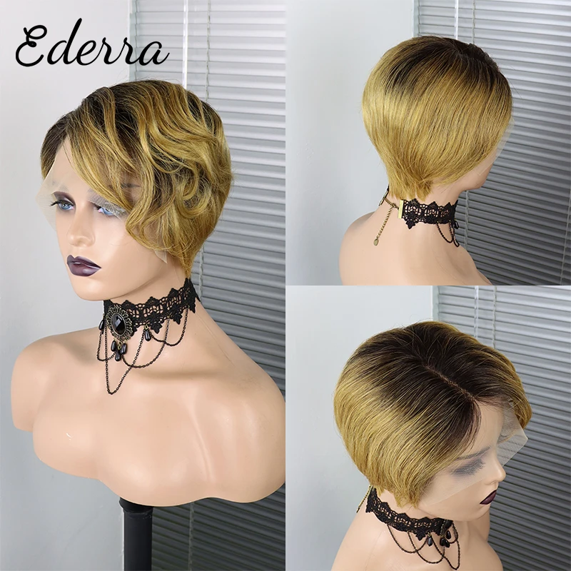 

Pixie Cut Wig Human Hair Ombre Blonde Short Bob Wigs For Women Glueless 13x1 T Side Part Lace Wigs Remy Hair 150% Brazilian