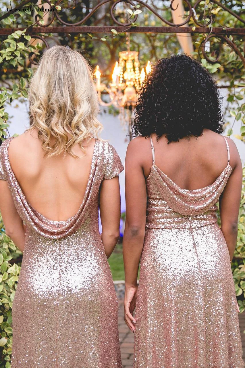 

Sparkly Rose Gold Mermaid Bridesmaid Dresses Short Sleeves Backless Beach boho elegant dress women for wedding party Long