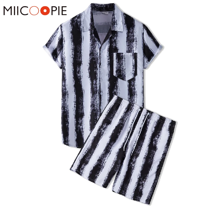 

Men's 2 Pieces Set Hawaiian Shirts +Beach Shorts 2021 Fashion Black And White Stripes Printed Loose Short Sleeve Holiday Suits