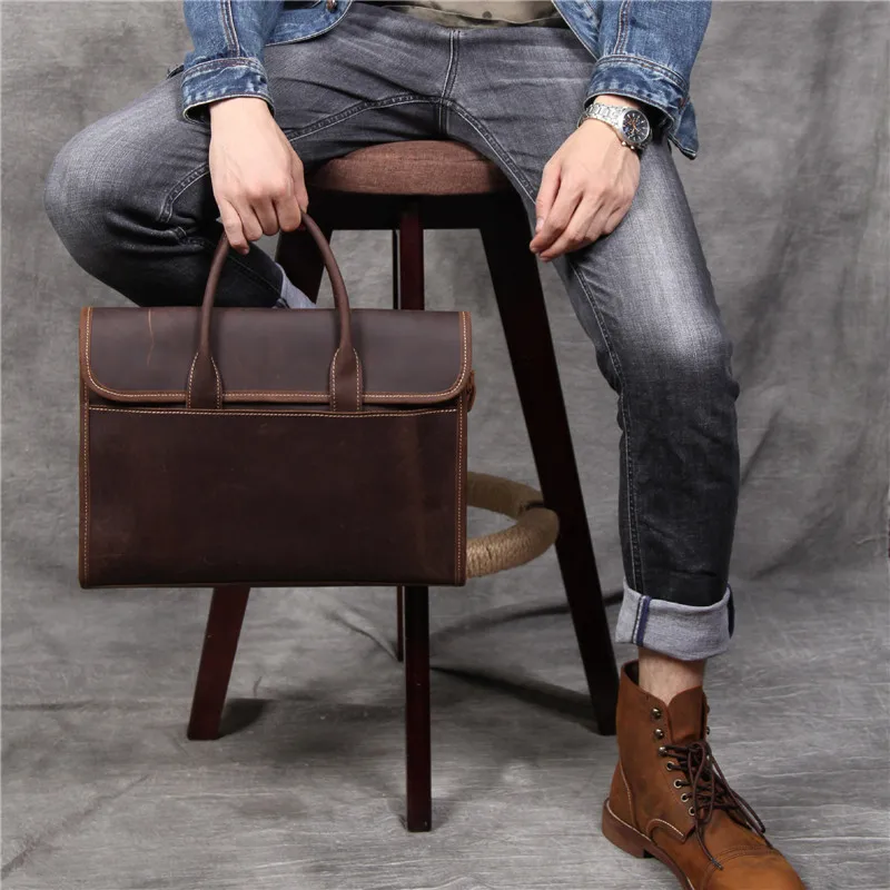 PNDME designer handmade genuine leather men's briefcase simple retro luxury crazy horse cowhide business computer bag handbags