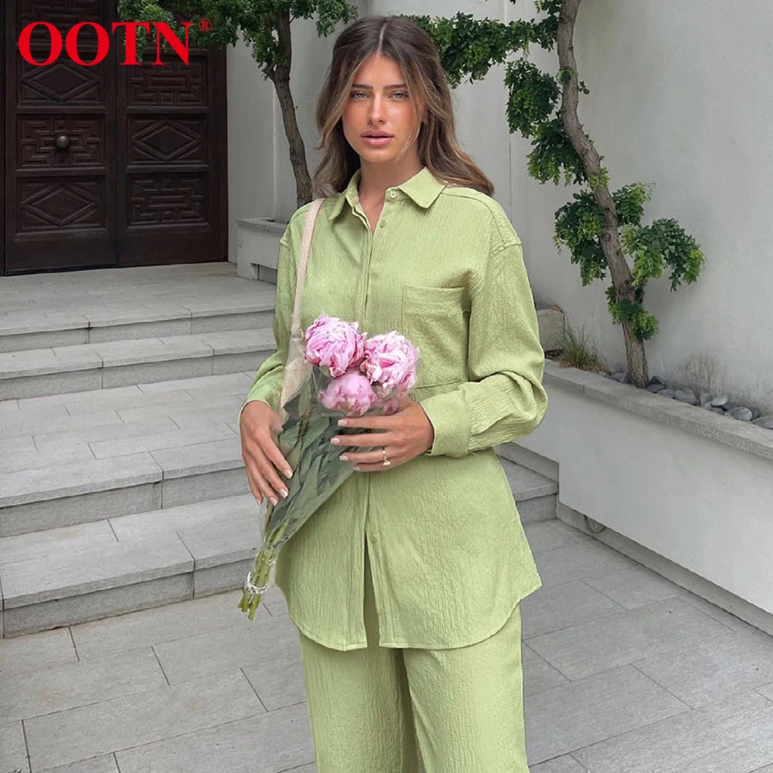 

OOTN Green Home Wear Suit Women Solid Pants Casual Set Ladies Shirt Long Sleeve Spring Autumn Two Piece Sets Vintage Office