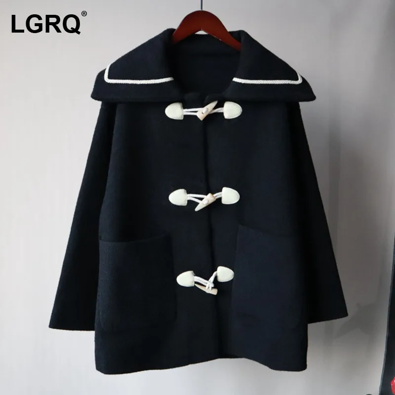 

[LGRQ] Women's Horn Button Loose Tread Fashion Warm Lapel Long Sleeve Woolen Cloth Lady Coat Autumn Winter 2021 19D4664