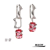 masw original jewelry high quality red zircon earrings 2021 new trend metal brass geometric asymmetrical drop earrings for women