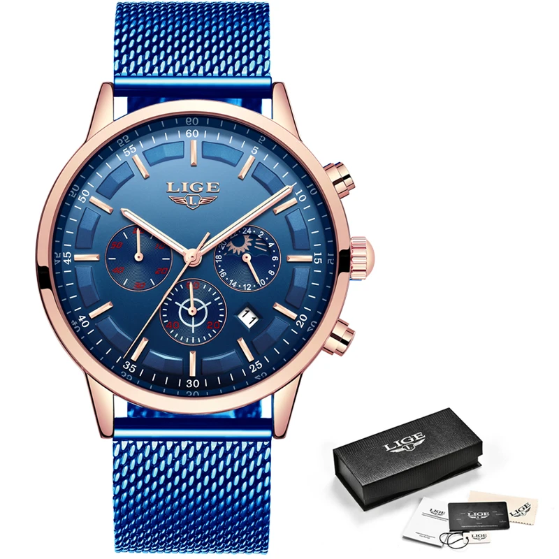 LIGE новые мужские s часы модные топ брендовые Роскошные из нержавеющей стали Синие