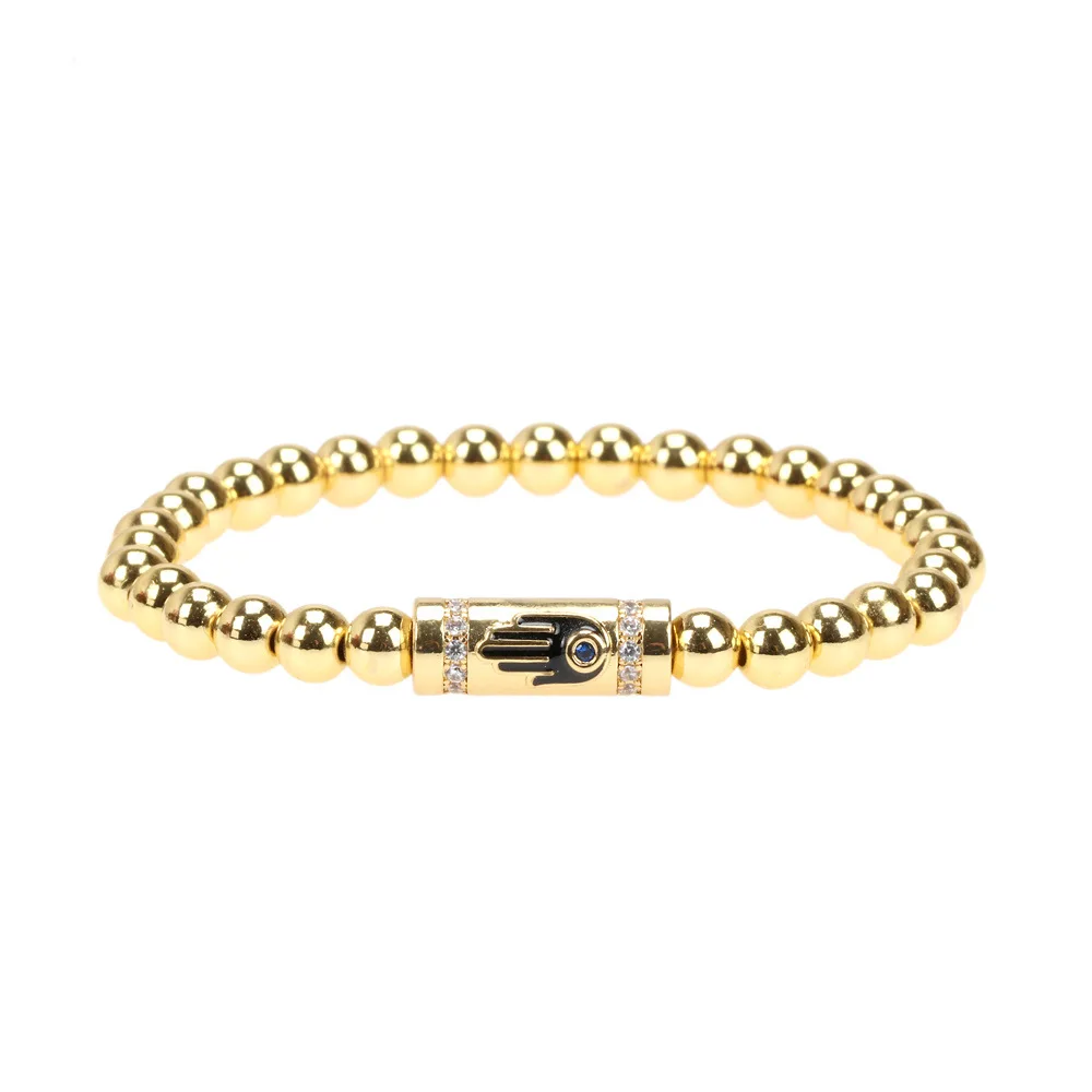 

Gold Plated Beads Elastic Rope Geometric Inlay Zircon Enamel Fatima Palm Hamsa Blue Evil Eye Pattern Bracelet For Women Jewelry