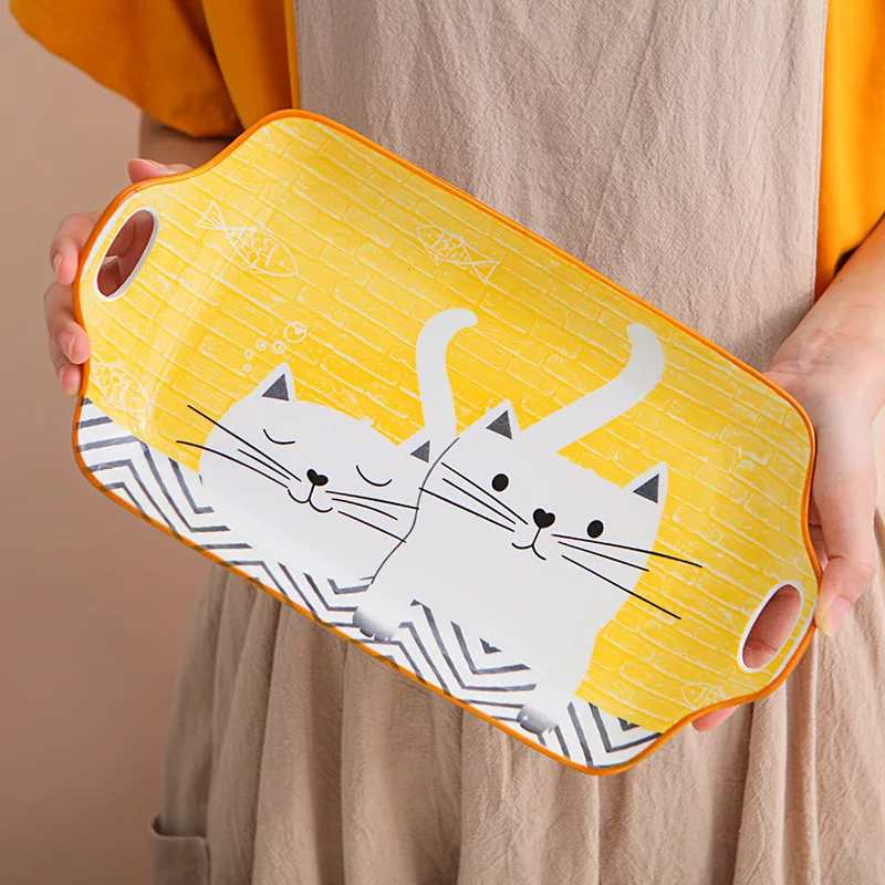 

Cute Cat Ceramic Dinner Plates Japanese Style Hand-painted Dishes Children Tableware Noodle Soup Rice Bowl Dessert Serving Tray