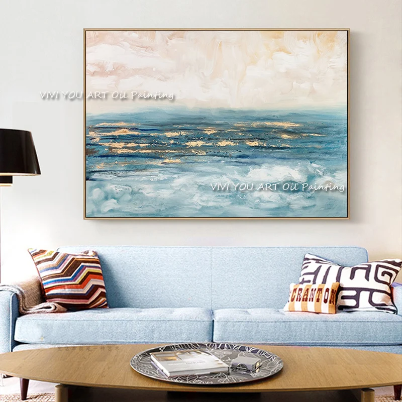 

Large wall 100% handmade golden blue ocean oil painting vertical abstract art decorative no frames for living room decoration