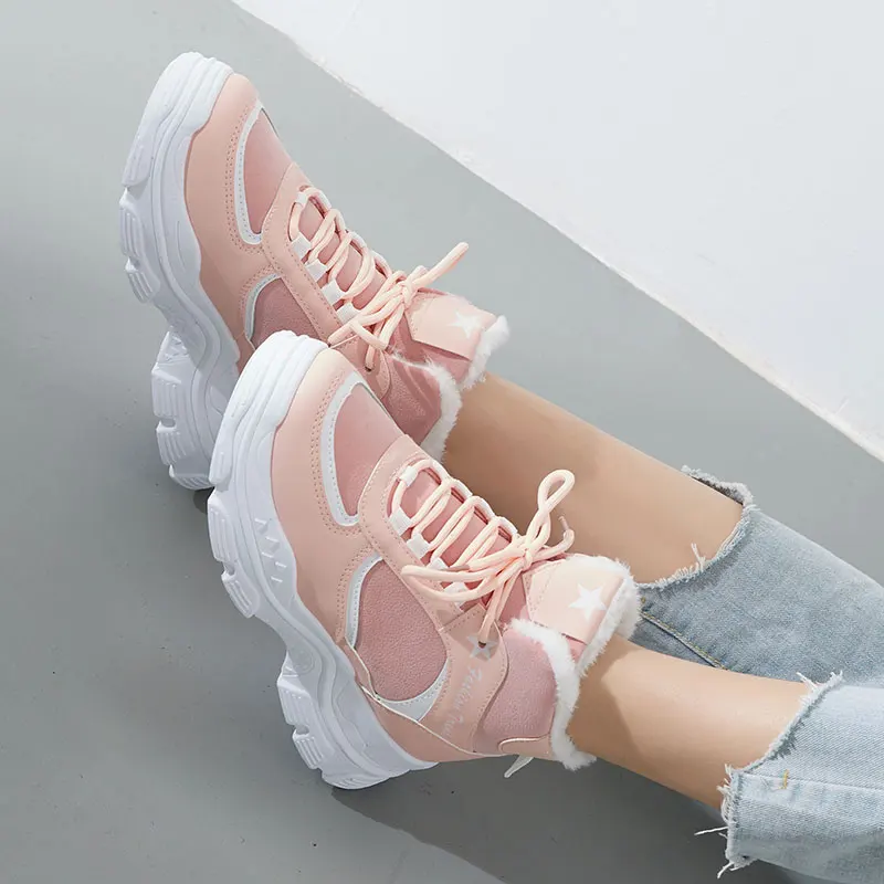 

Winter Plush Warm Women Fashion Sneakers High Top Leather Casual Shoes Size 36-41 Platform Winter Sneaker Ladies Shoes XU186