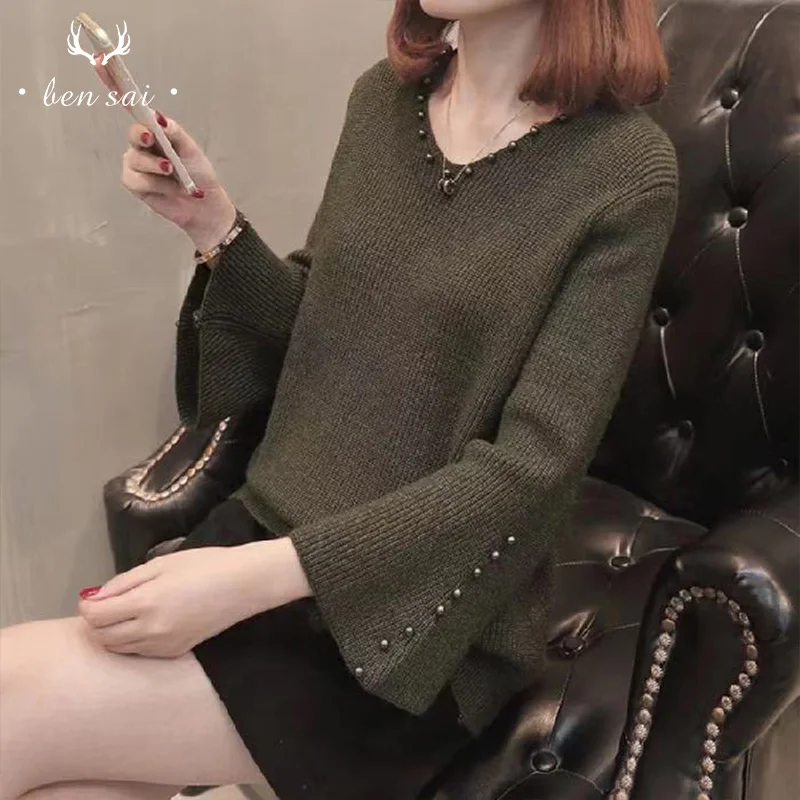 Women V-neck Knitted Sweater Solid Color Trumpet Sleeve Pearl Beaded Temperament Spring Autumn New | Женская одежда