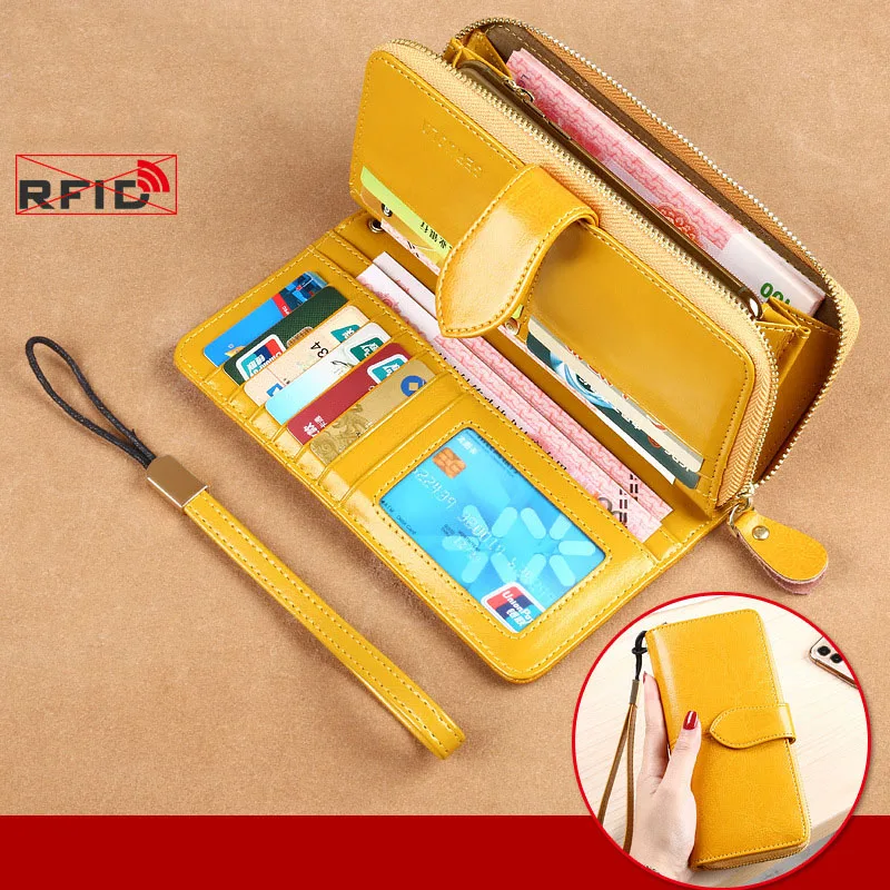 

Women wallets Retro Oil Wax Cowhide Large Capacity Handbag Fashion Purse Mobile Phone Pouch Long Type Wallets