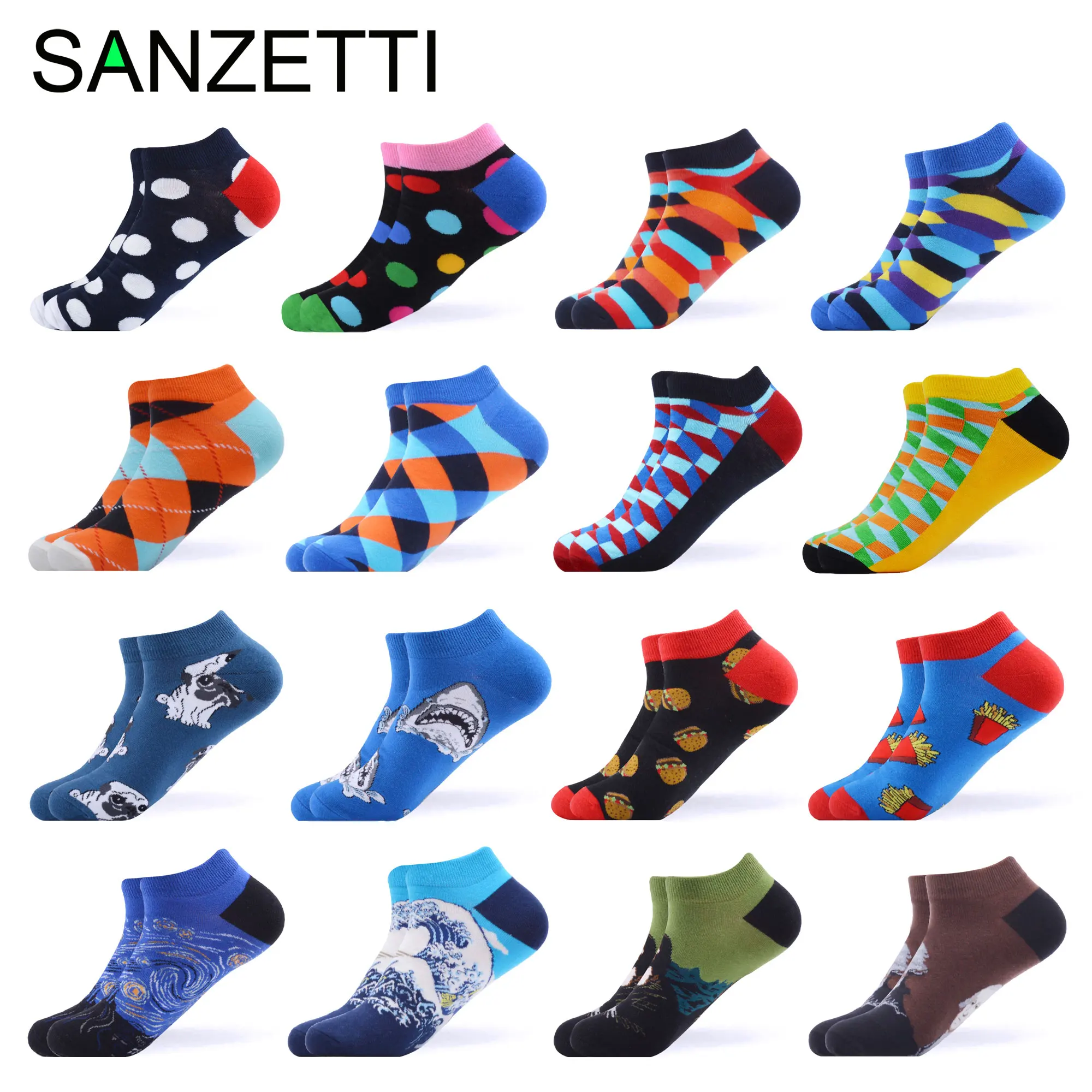 SANZETTI/16 пар/лот, повседневные мужские цветные летние короткие носки из чесаного хлопка, клетчатые полосатые геометрические Веселые носки Ван Гога