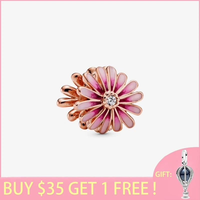 

2020 New Arrival S925 Sterling Silver Beads Pink Daisy Flower Charms fit Original Pan's Bracelets Women DIY Jewelry