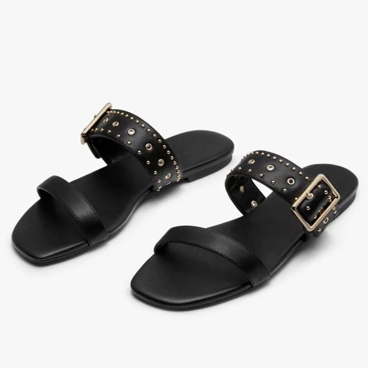 

Female Shoes Ladies' Slippers Low Rivet Rubber Flip Flops 2021 Hawaiian Flat Soft Hoof Heels Casual Fabric Metal Decoration Slid