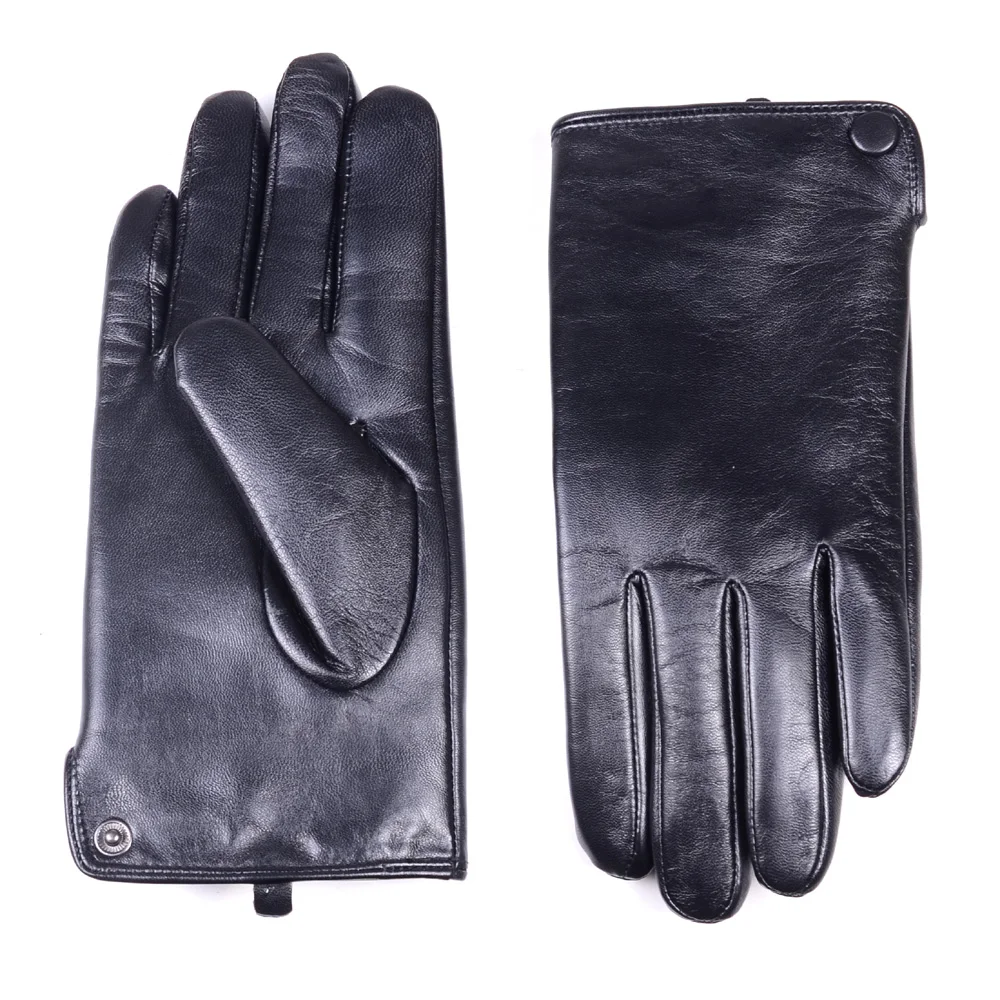 Men's Winter Warm Real Leather Goat Skin Wrist Button Black Touch Screen Driving Short Gloves