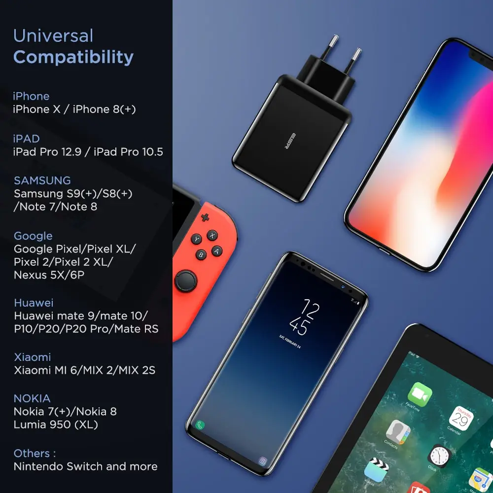 ESR USB C зарядное устройство 30 Вт двухпортовое зарядное устройство питания настенное зарядное устройство со складной вилкой PD 18 Вт порт для iPhone XS/XR/XS Max iPad