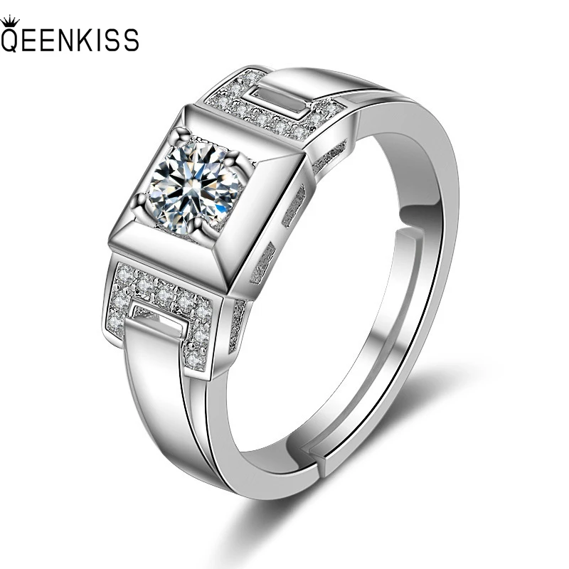 

QEENKISS RG6363 2022Fine Jewelry Wholesale Fashion Man Father Birthday Wedding Gift Square AAA Zircon 18KT White Gold Open Ring