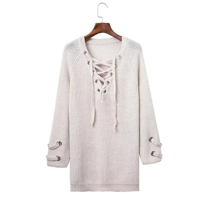 

Autumn Christmas Sweater Pullovers Women Knitted Lace-up Sweaters Striped Bandage Knitwear Loose Casual Long Jumpers female