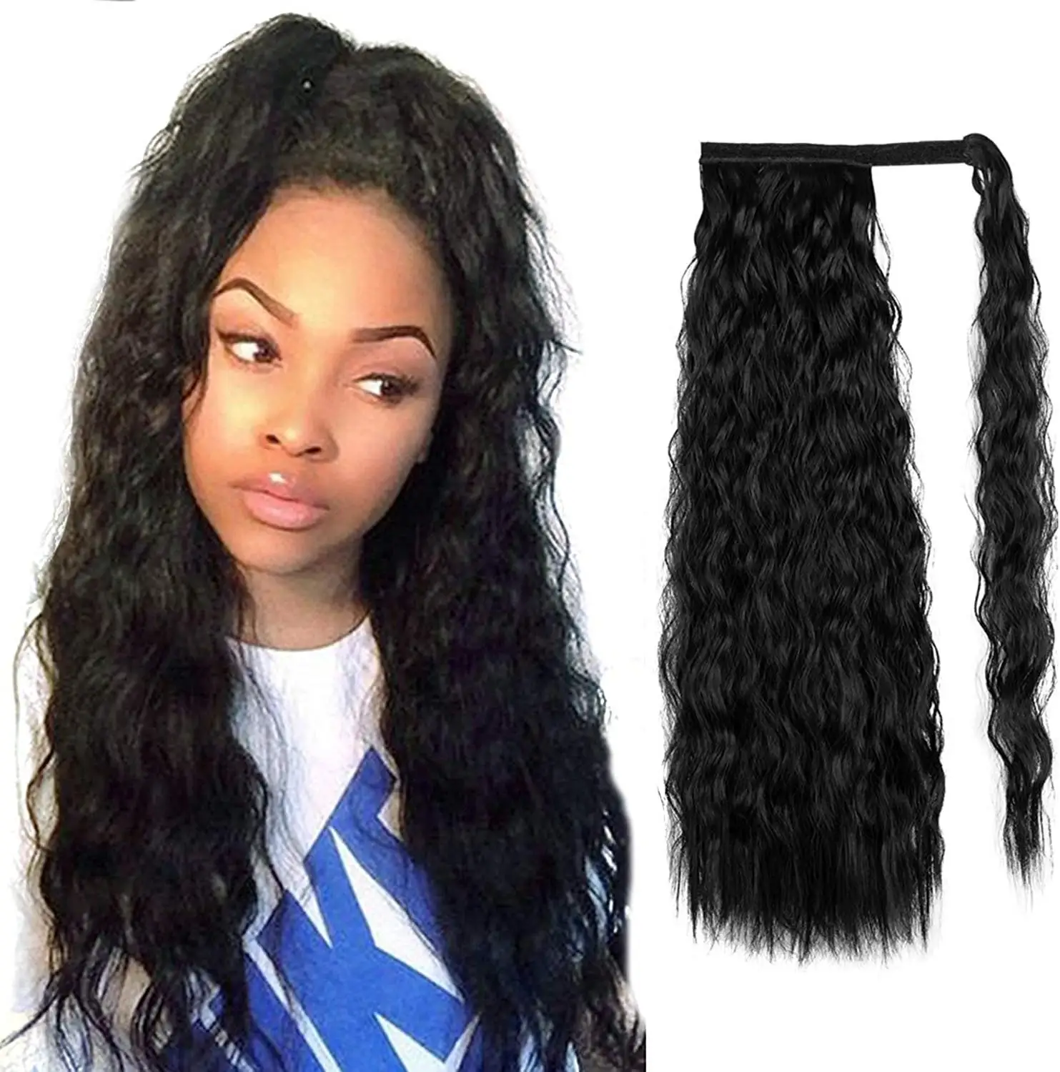 

Kong&Li Synthetic Corn Wavy Long Curly Ponytail Hairpiece Wrap on Clip Hair Extensions Ombre Brown Pony Tail Blonde Fack Hair