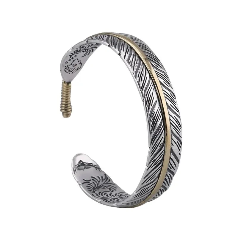

S925 Sterling Silver Feather Bracelet Men's Trendy Takahashi Goro Bracelet Retro Opening Japanese Personality Simple All-Match J