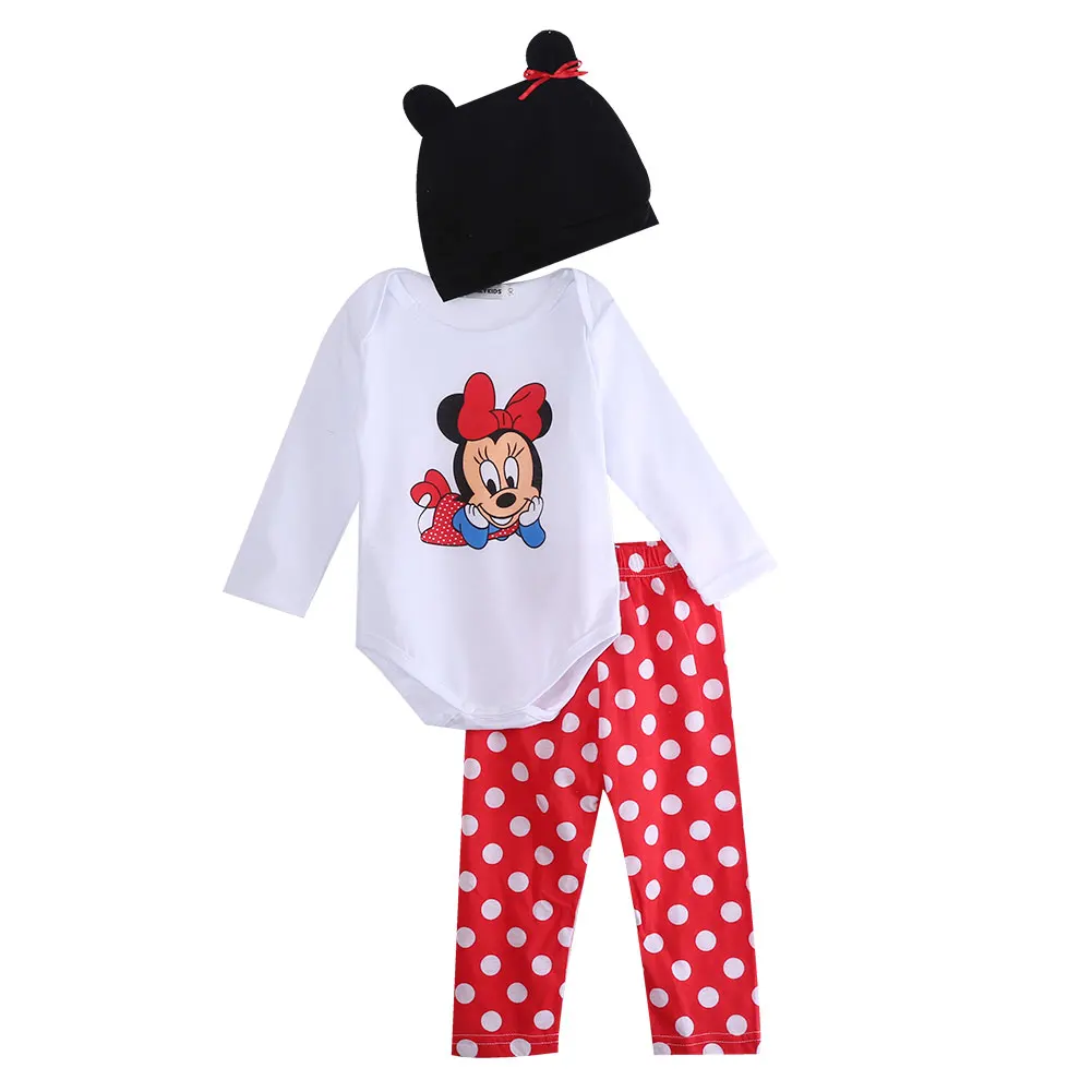 Red Minnie 3 предмета/партия, Одежда для новорожденных девочек, комбинезон с рисунком мышки, боди с длинными рукавами+ длинные штаны+ шапка, Осенний теплый комплект одежды для близнецов 0-24 месяцев - Цвет: Red Minnie
