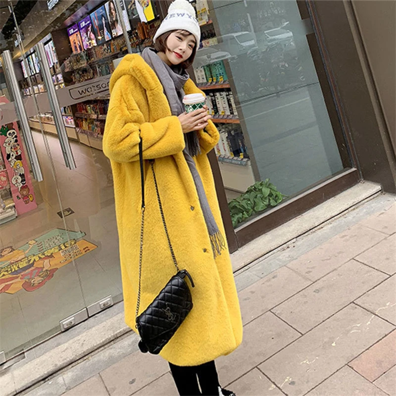 Женское длинное пальто из искусственного меха толстое теплое с капюшоном и