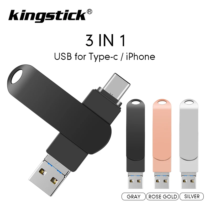 

IOS 3 in 1 Metal USB Flash Drive 128gb type-c Pendrive 32gb 64gb Usb2.0 Flash Disk for iPhone X/8 Plus/8/7 Plus USB Memory Stic