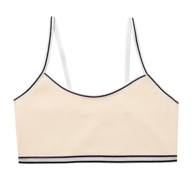 

Teenage Puberty Girl Sweet Candy Color Sport Training Bra Underwear Striped Patchwork Thread Ribbed Wireless Bralette Vest 8-16T