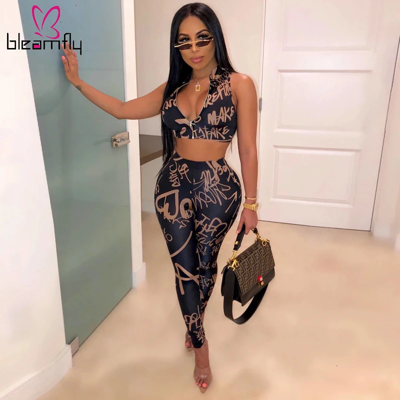 Осенний Новый женский комплект с буквенным принтом укороченный топ на молнии