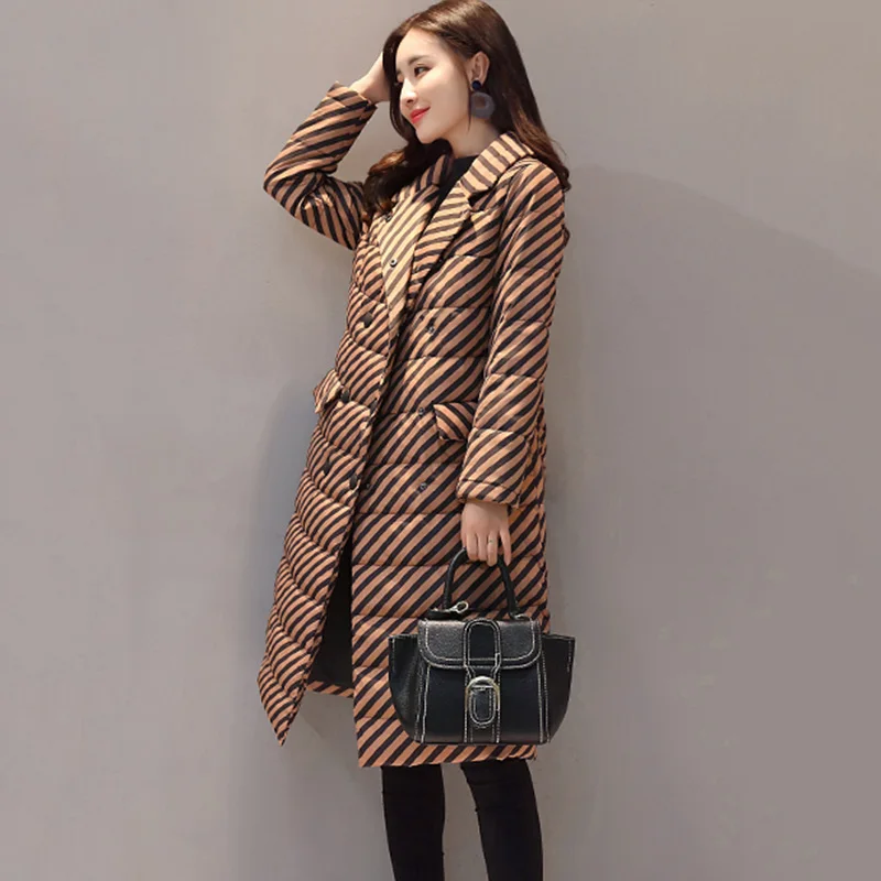 New Women Down Coat Autumn Winter 2021 Elegant Fashion Suit Collar Double Breasted Striped Slim Long White Duck Down Coat