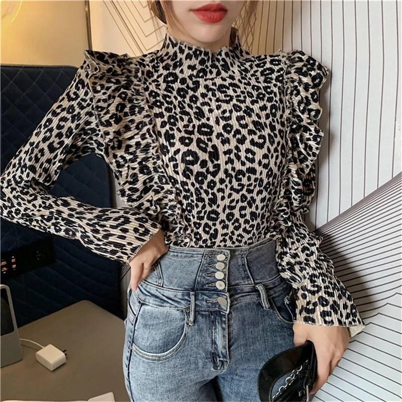 

2021 Spring Autumn New Tee top ladies Pleated Puff long Sleeve Leopard Print T-Shirt Loose All-match Women's Ruffled Top