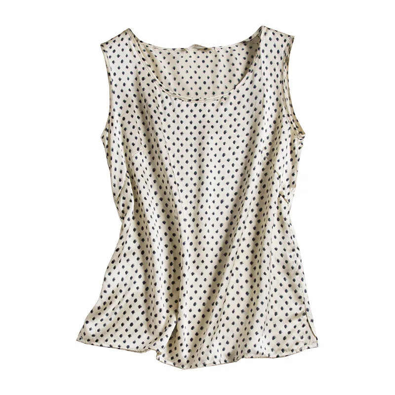 

Women's Silk Satin Cream Dot Prints Silk Sleeveless round Neck Shirt Underlining Outdoor Vest