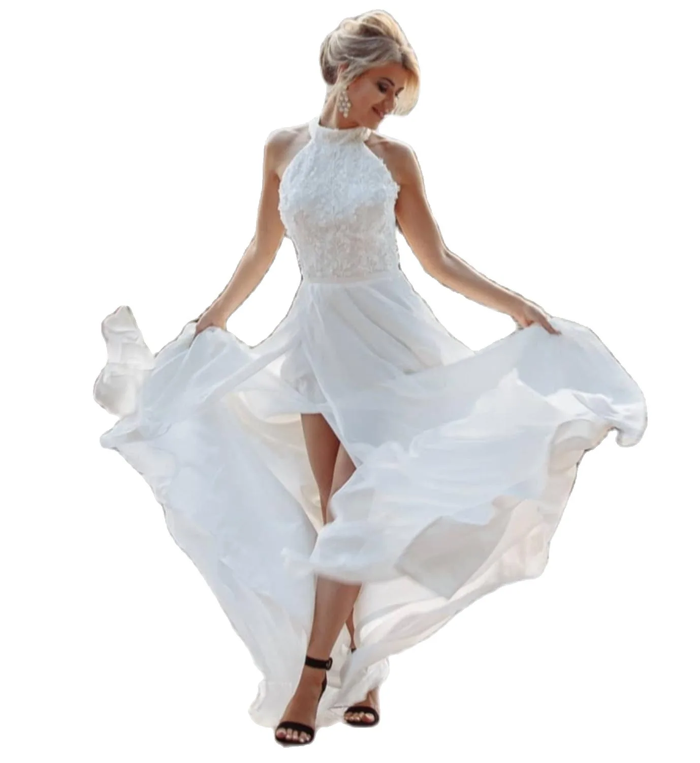 

Женское свадебное платье до пола, белое шифоновое платье с кружевной аппликацией и лямкой на шее, а-силуэт, 2020