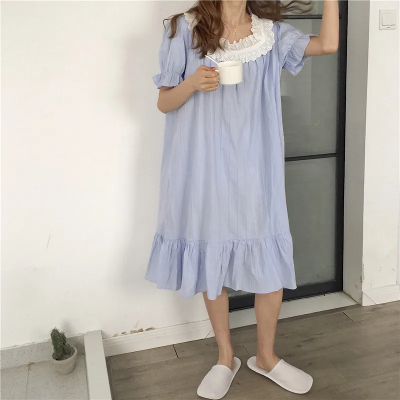 

Sexy Female Blue Nightgown Cotton Sleepwear Nightdress Ruffles Casual Sleepdress Night Wear Summer New Mid Home Dress Gown