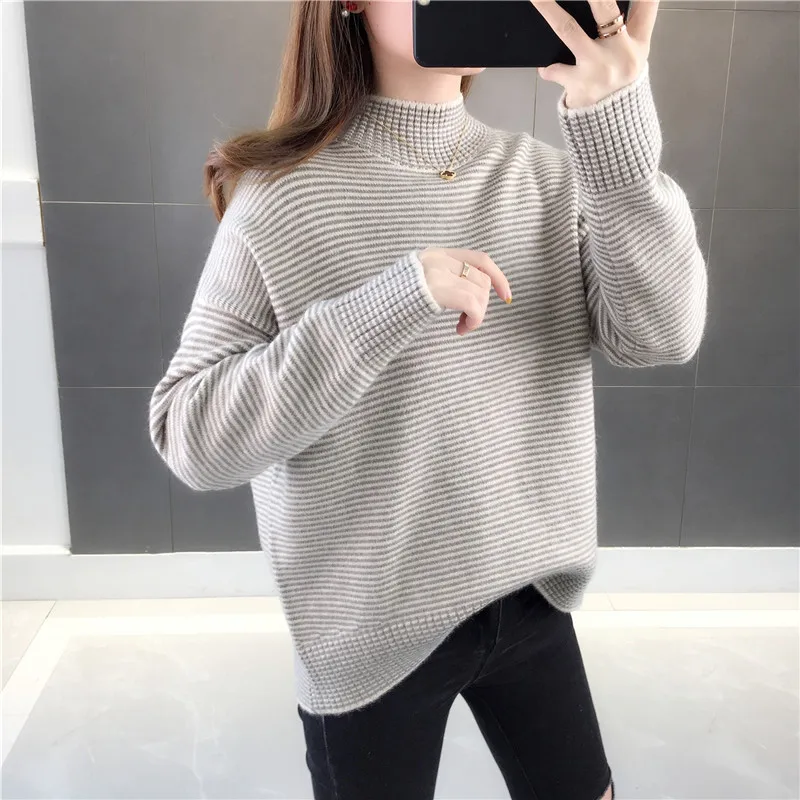 

Winter Cashmere Striped Pullover Knit Sweater High Neck Thickened Casual Loose Knitted Top Coffee Beige Black