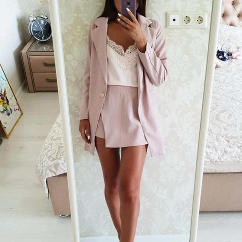 

Fashion Women Skirt Suits One Button Notched Striped Blazer Jackets and Slim Mini Skirts Two Pieces OL Sets Female Outfits 2019