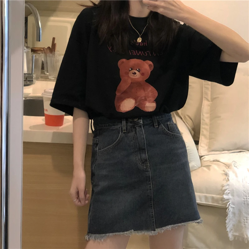 

XZ174 2021 new loose mid-length cute bear all-match large version of the short-sleeved T-shirt